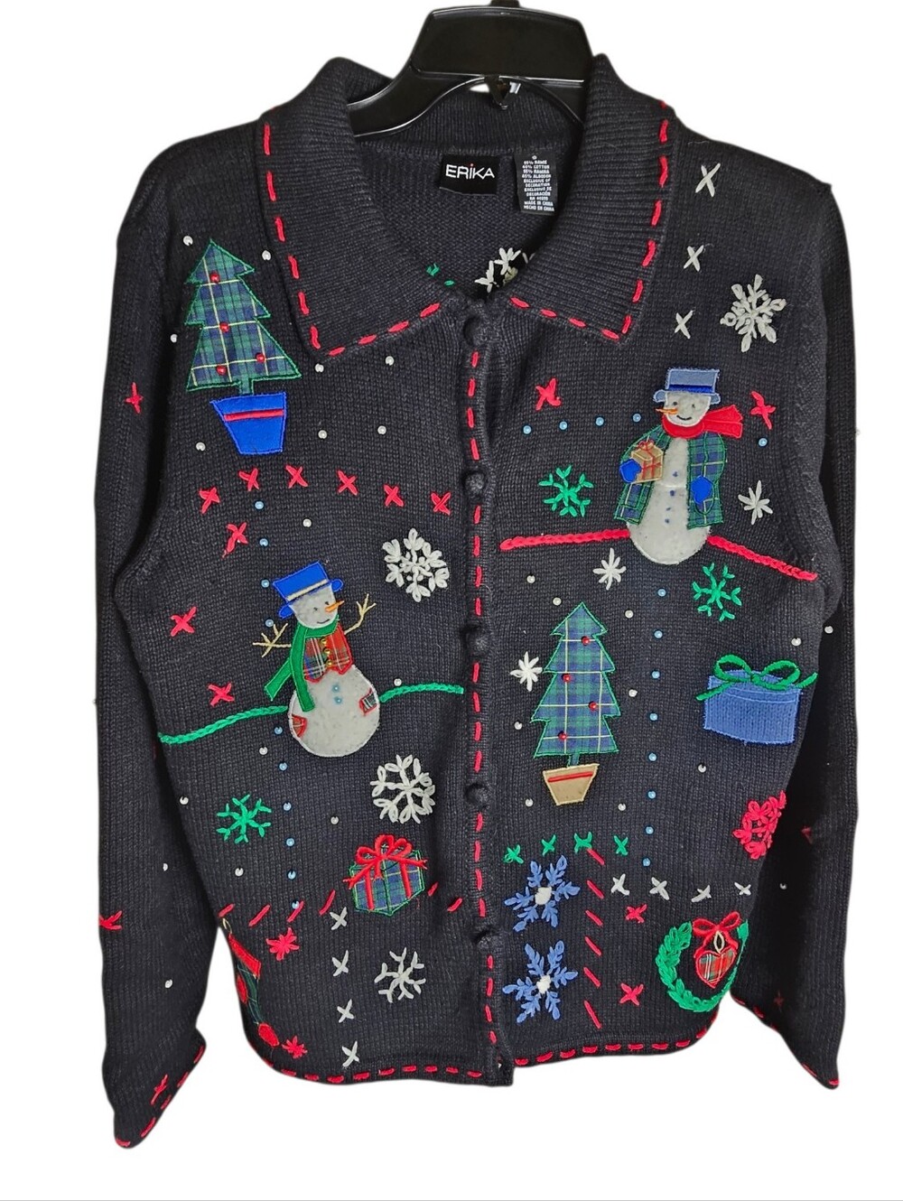 Vintage 90s Christmas Snowman Embroidered Beaded Knit Sweater Jacket Small